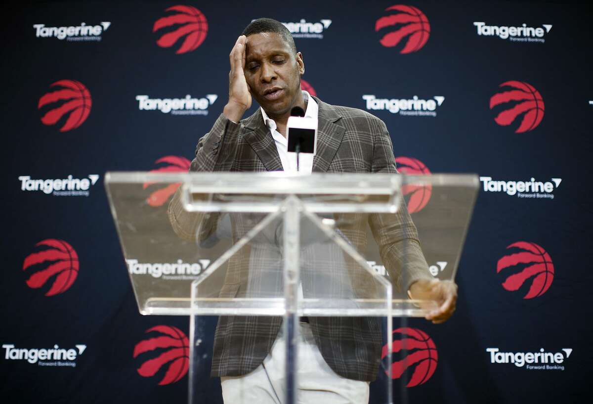 Toronto Raptors NBA basketball team president Masai Ujiri speaks about acquiring Kawhi Leonard in a trade at a media availability in Toronto, Friday, July 20, 2018. (Mark Blinch/The Canadian Press via AP)