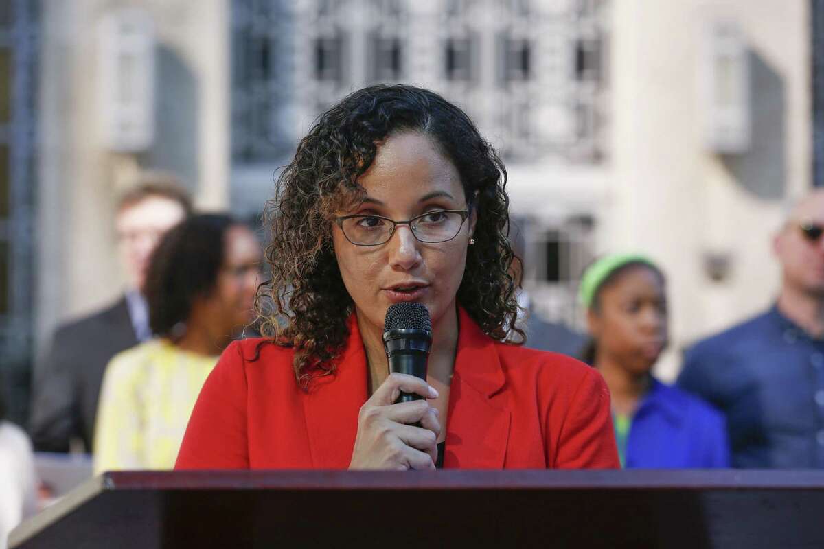 Bakeyah Nelson, executive director of Air Alliance Houston, speaks during a press conference raising concerns about the health effects of a planned widening of Interstate 45 on June 13 outside Houston City Hall.