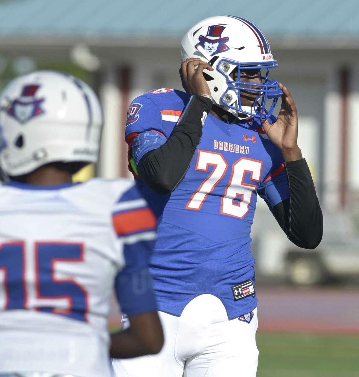 Danbury High School's Jah Joyner plays in the schools Blue & White spring football game on Friday night. June 14, 2019, at Danbury High School, Danbury, Conn. Defensive end Joyner recently committed to play at Boston College.