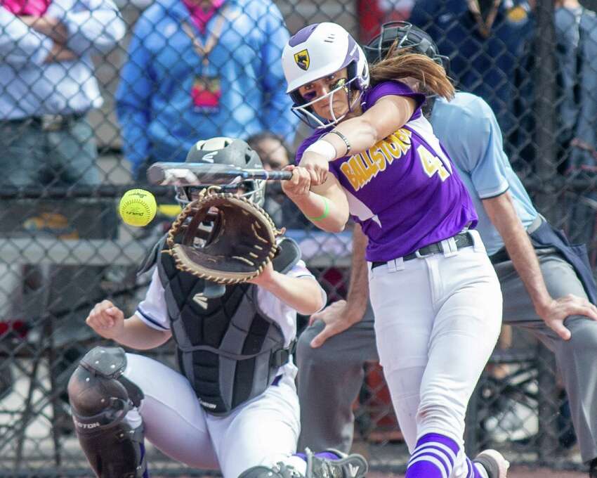 Ballston Spa shortstop Ana Gold takes a cut during the Class A semifinals against Sayville at Moreau Recreational Park on Saturday, June 15, 2019 (Jim Franco/Special to the Times Union.)