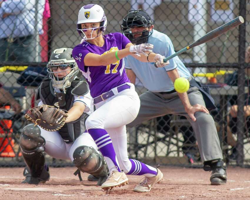 Ballston Spa outfielder Caroline Srokowski rips a single during the Class A semifinals against Sayville at Moreau Recreational Park on Saturday, June 15, 2019 (Jim Franco/Special to the Times Union.)