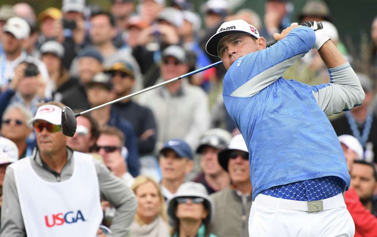 Gary Woodland of the United States plays a shot from the 13th tee during the third round of the 2019 U.S. Open at Pebble Beach Golf Links on June 15, 2019 in Pebble Beach, California.