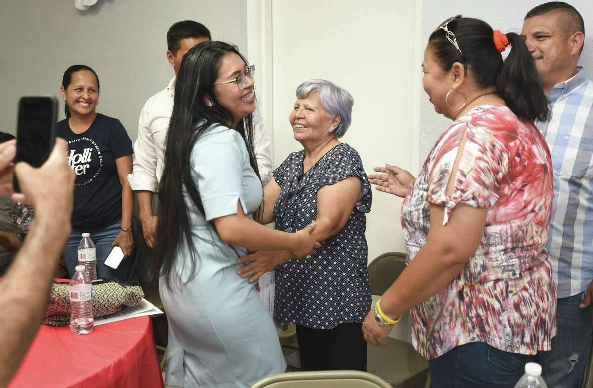 Challenger for Texas' 28th District Jessica Cisneros meets with friends and family after an event to push her campaign forward, Thursday, Jun 13, 2019, at Dream Party Creations Party Place.