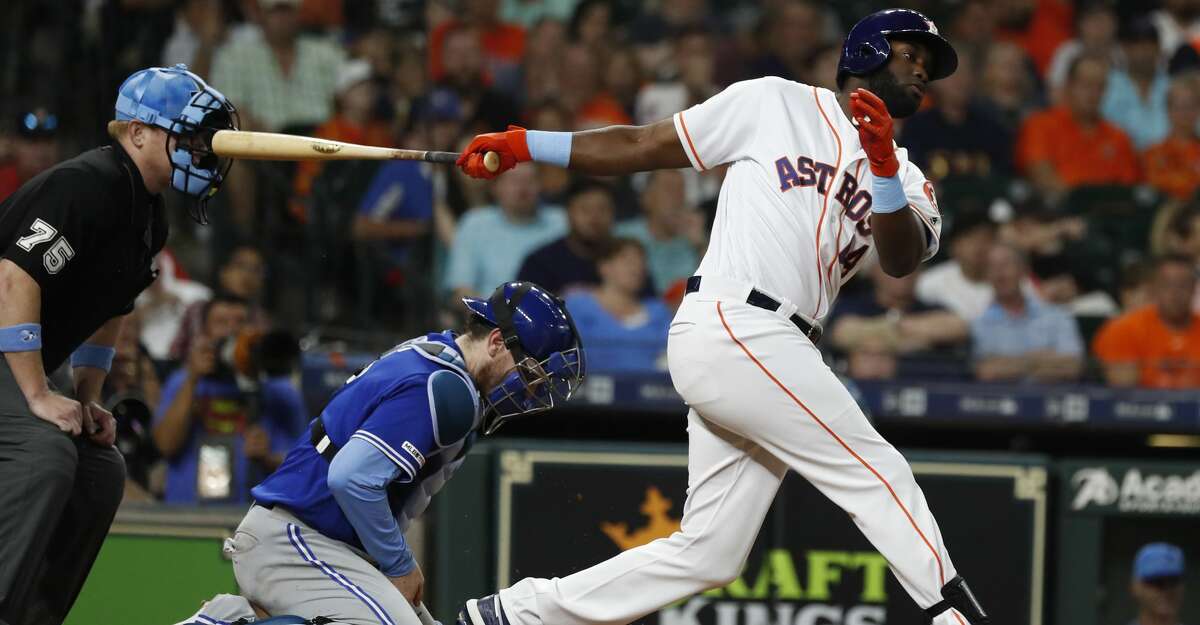 Houston Astros designated hitter Yordan Alvarez (44) strikes out during the sixth inning of an MLB baseball game at Minute Maid Park, Sunday, June 16, 2019.