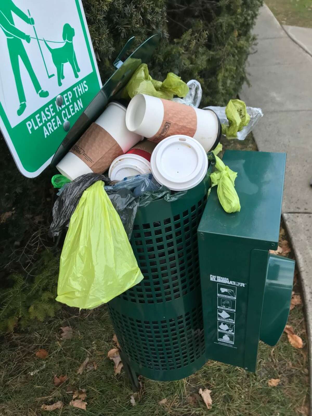 Thanksgiving weekend was not kind to the town's dog waste stations. Beer cans, coffee cups, and even a diaper were found inside the Main Street receptacles Sunday, Nov. 25.