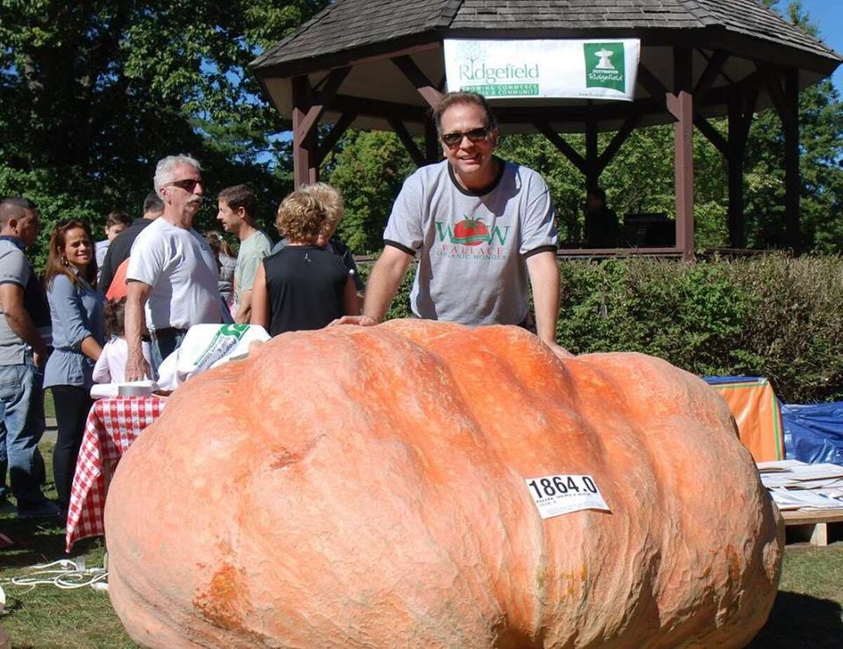 Ron Wallace of Greene, R.I., with his 1,864-pound pumpkin at the 2016 weigh-off for giant pumpkins in Ballard Park. — Jessica Collins photo