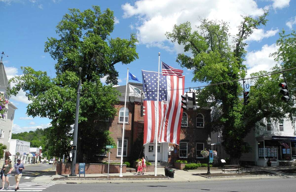 The Siberian elms on either side of town hall’s front entrance are scheduled to be taken down Tuesday, Aug. 7. — Macklin Reid photo