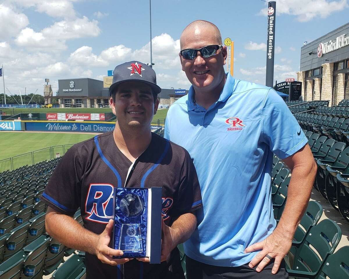 Logan Letney, left, poses with Oak Ridge baseball coach JJ Peirce after being named MVP of the 5A-6A Texas High School Baseball Coaches Association All-Star Game on Saturday, June 15, 2019 in Round Rock.