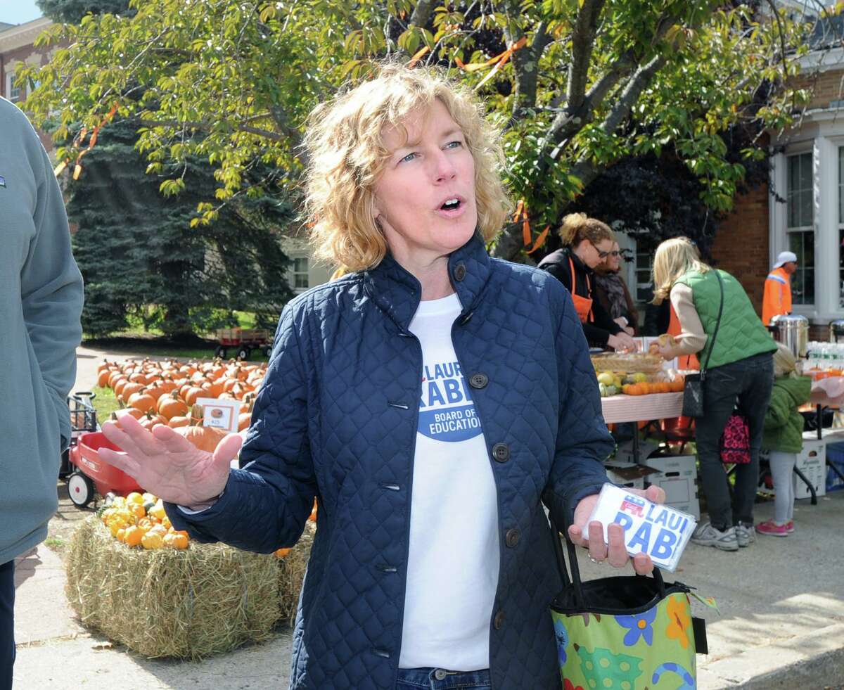Republican Lauren Rabin campaigns in 2015 at the Pumkin Patch event at the Old Greenwich School.