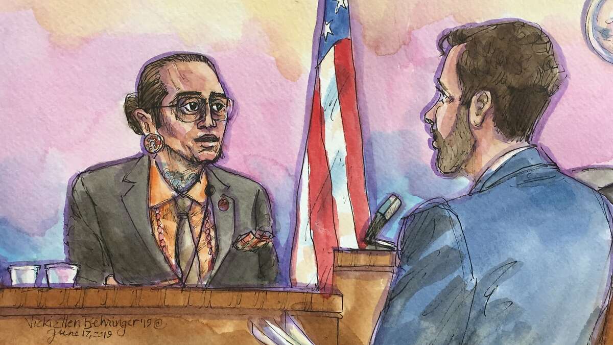 Max Harris, left, in this courtroom artist's sketch, at the Ghost Ship trial for Alemena and co-defendant Max Harris on Monday, June 17, 2019, in Oakland, Calif.