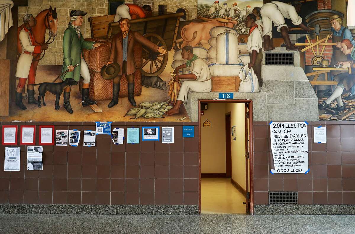 San Francisco school officials are expected to decide whether to destroy or keep the historic mural at George Washington High School, photographed in San Francisco, Calif., on Wednesday, April 3, 2019. The historic mural depicts the treatment of American Indians and African Americans.