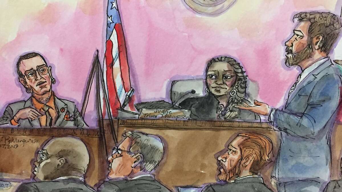 Max Harris, left, in this courtroom artist's sketch, at the Ghost Ship trial for Alemena and co-defendant Max Harris on Monday, June 17, 2019, in Oakland, Calif.