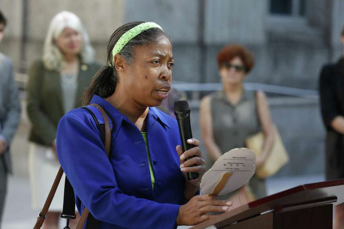 Machell E. Blackwell, a Near Northside resident voices her fears about pollution during a press conference about the health effects of a planned widening of Interstate 45 on June 13 outside Houston City Hall.