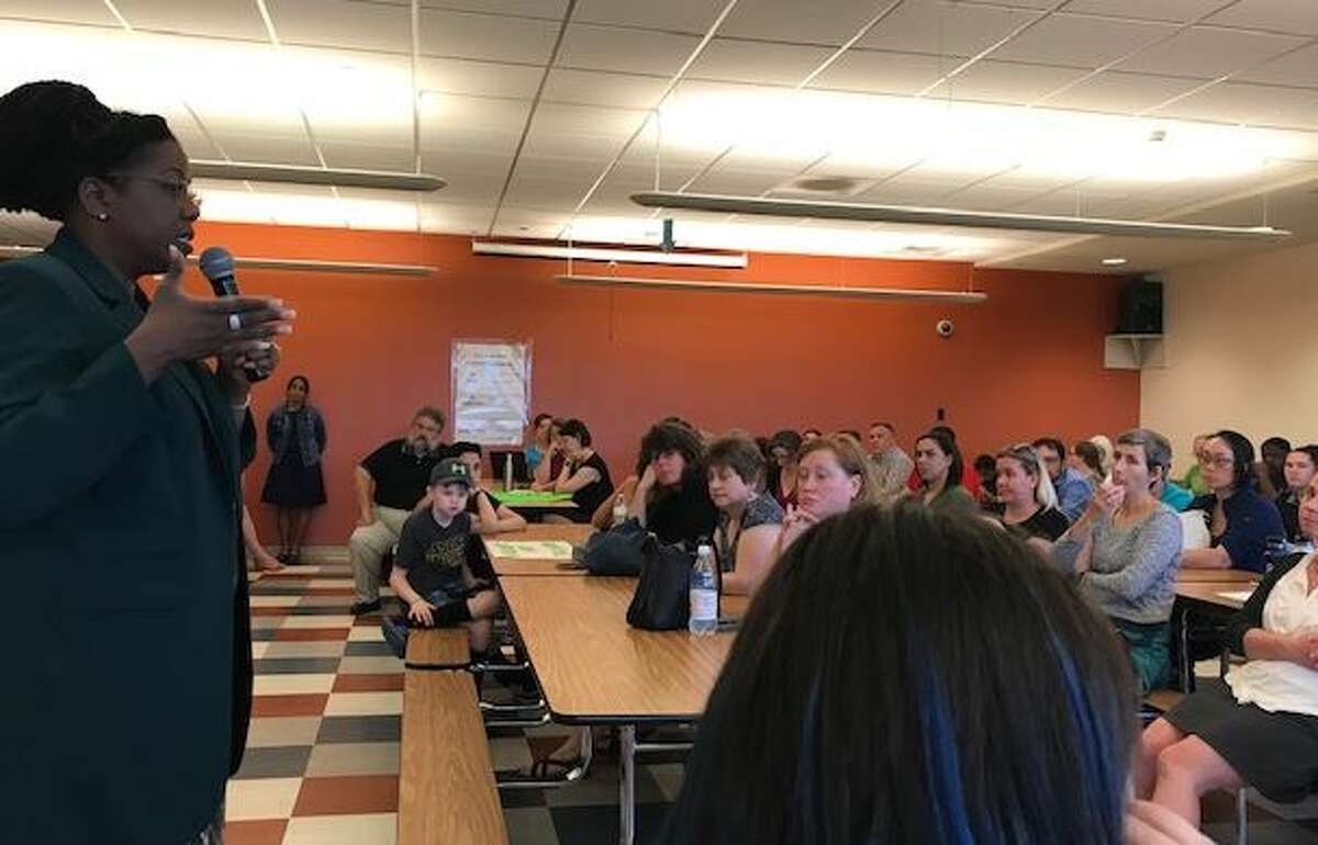Albany school Superintendent meets with parents and teachers who are protesting involuntary reassignment from Myers middle school. Meeting was on June 17, 2019 in Albany N.Y.