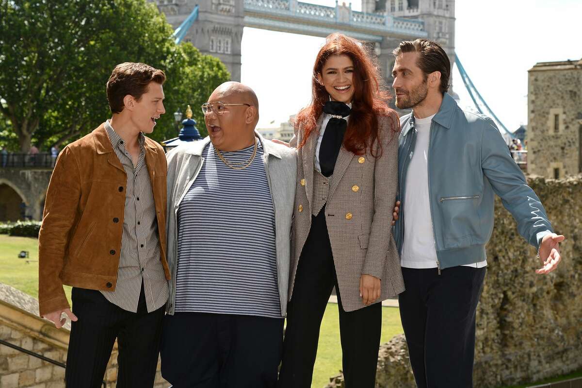 Tom Holland (Peter Parker / Spiderman), Jacob Batalon (Ned Leeds), Zendaya (MJ), and Jake Gyllenhaal (Quentin Beck / Mysterio) attend the Spider-Man: Far From Home London photo call at Tower of London one of the films iconic locations on June 17, 2019 in London, England.