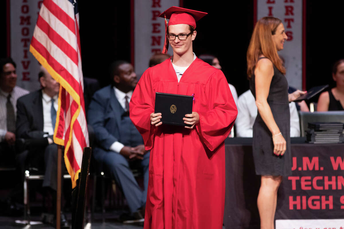Ninety one students from Stamford's J.M. Wright Technical High School graduated on June 17, 2019 at a commencement ceremony at the Palace Theatre in Stamford. The speaker was Tony Hardy, valedictorian of the class of 1984.