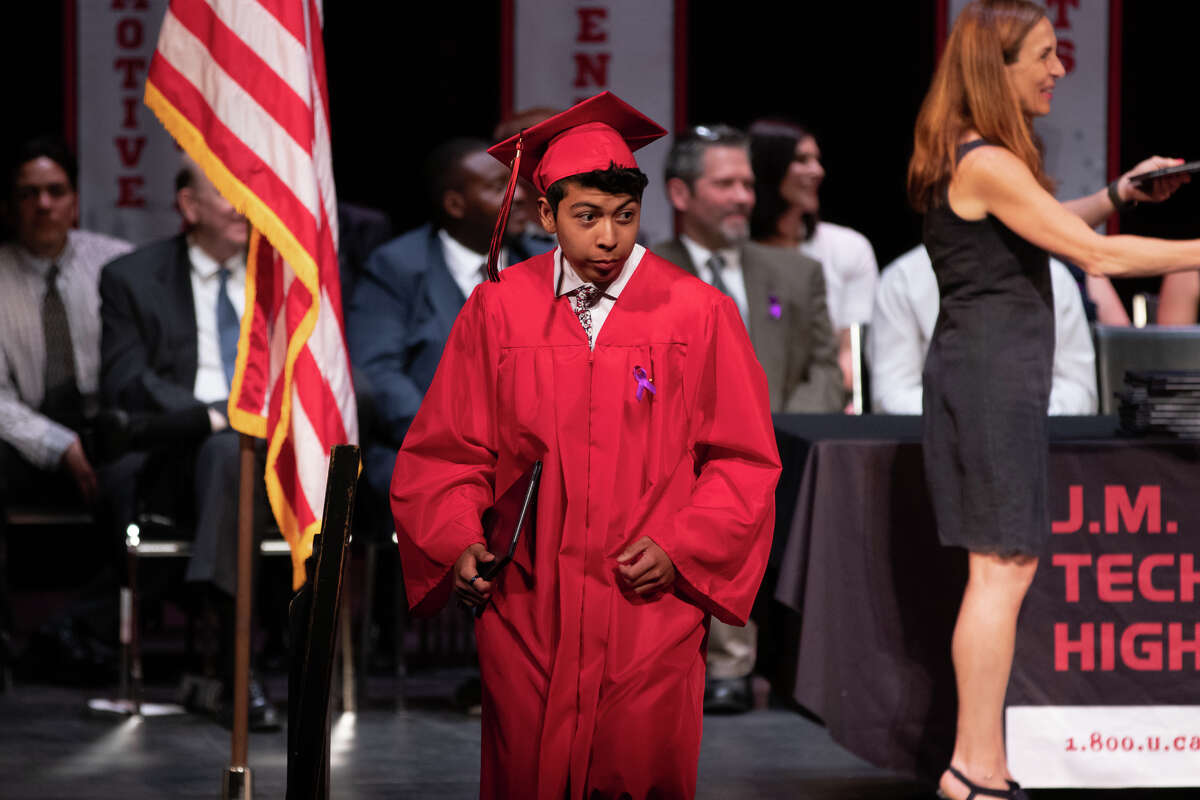 Ninety one students from Stamford's J.M. Wright Technical High School graduated on June 17, 2019 at a commencement ceremony at the Palace Theatre in Stamford. The speaker was Tony Hardy, valedictorian of the class of 1984.