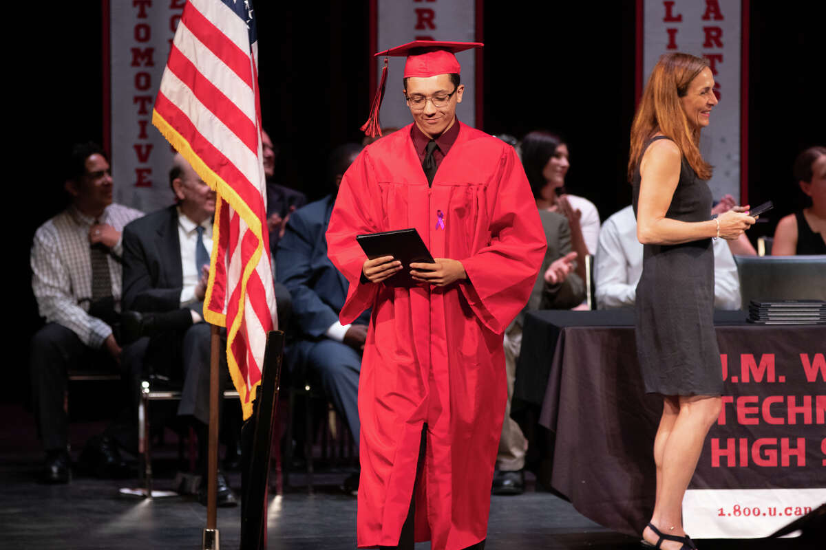 Ninety one students from Stamford’s J.M. Wright Technical High School graduated on June 17, 2019 at a commencement ceremony at the Palace Theatre in Stamford. The speaker was Tony Hardy, valedictorian of the class of 1984.