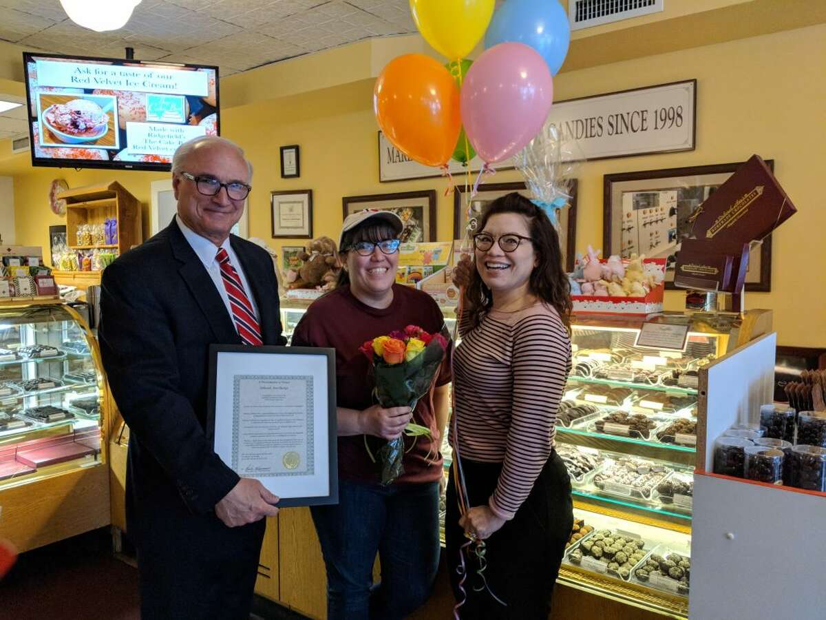 From left to right: First Selectman Rudy Marconi, and Deborah Ann Backes, the 2019 Woman of the Year, and Chamber Executive Director Kim Bova.