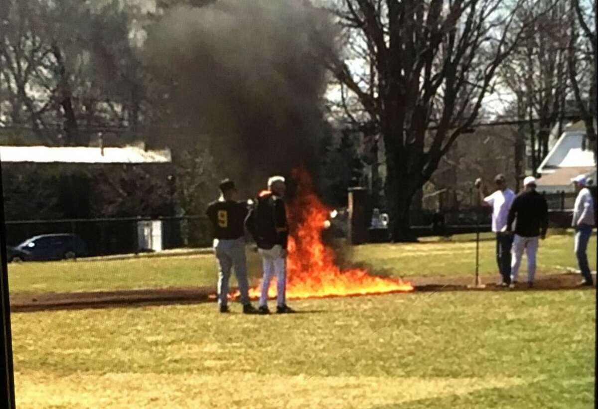A photo from the baseball field fire that happened Saturday morning at Governor Park in Ridgefield. Police have no arrested any suspects. — Alex Fischetti / Contributed photo
