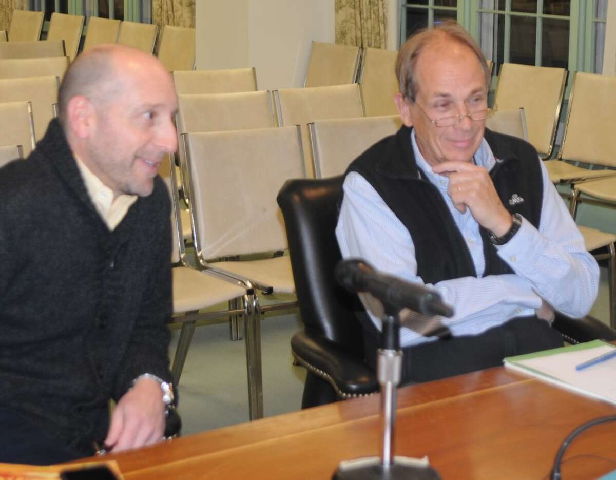 David Shofi, left, and Phil Kearns interviewed with the selectmen and were reappointed to seats on the Parks and Recreation Commission.