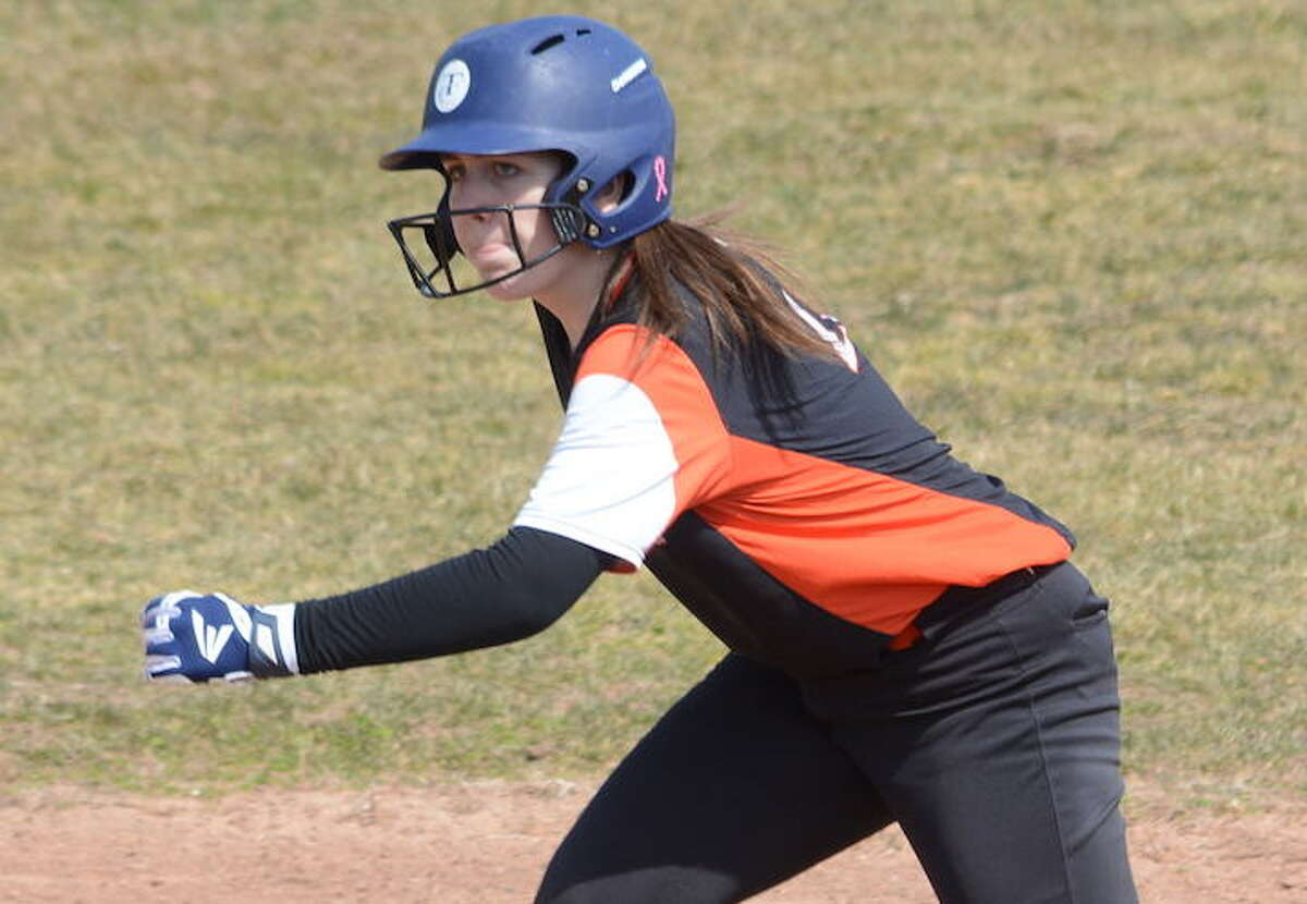 Makenna Skrobar and the Ridgefield High softball team out-slugged Greenwich in a 15-8 road win. — Andy Hutchison photo
