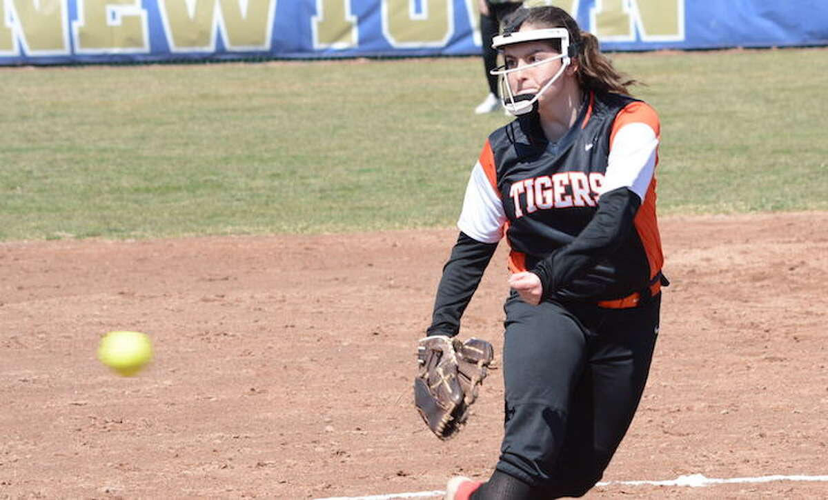 Skylar Arent throws a pitch during Ridgefield's loss to Newtown on Saturday. — Andy Hutchison photo