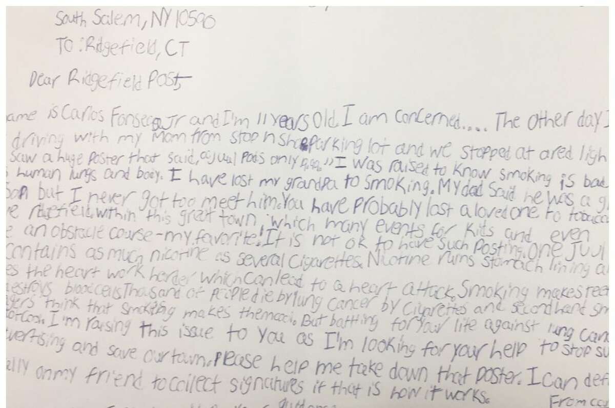Fifth grader Carlos Fonseca Jr. penned this hand-written letter to The Ridgefield Press after seeing an advertisement for Juul pods in town.