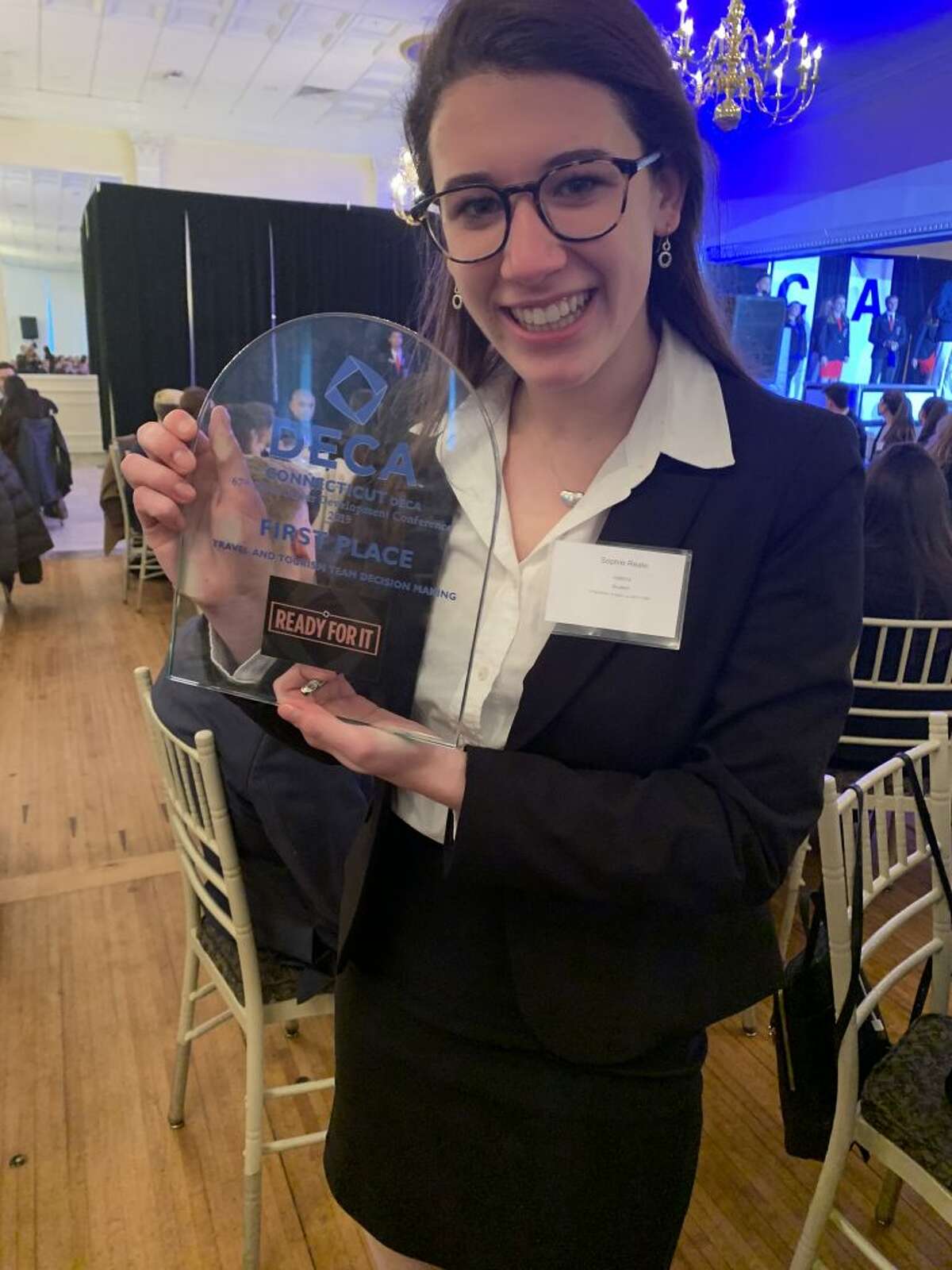 Ridgefield High School junior Sophie Reale was awarded first-place winner in the category, Travel and Tourism, at the DECA state competition held on March 5.