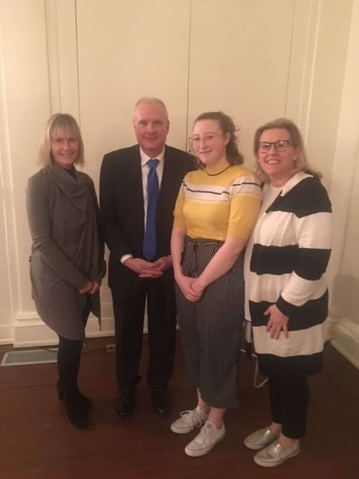 Board of Education Chair, Margaret Stamatis; Ridgefield Superintendent, Dr. Collins; Ridgefield High School Junior, Lucy Basile; and PTA Council President, Deirdre Basile.