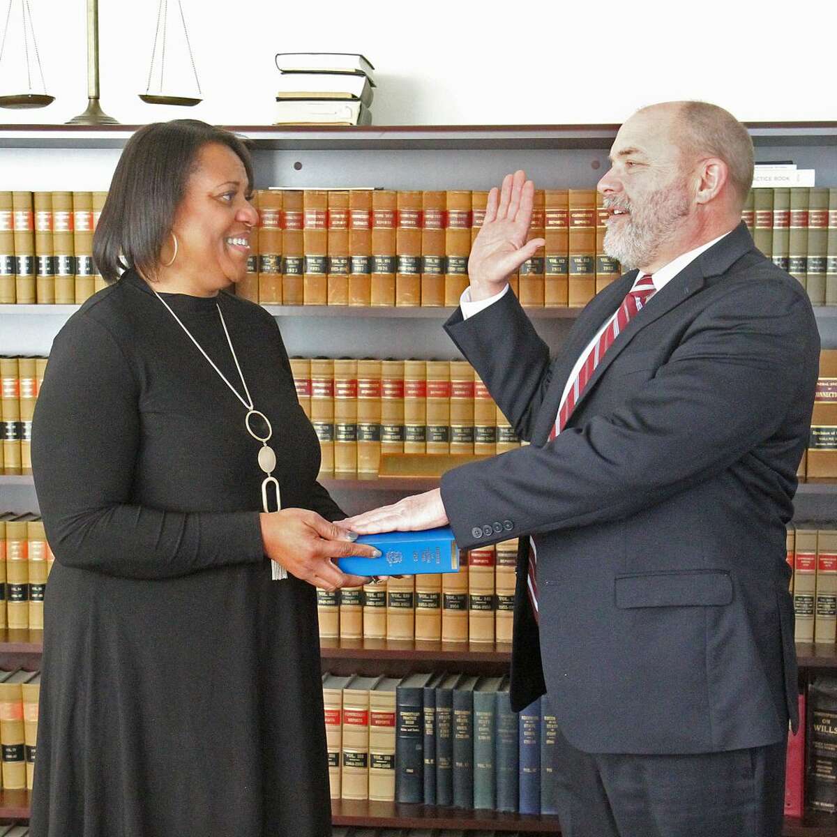 Northern Fairfield County Probate Judge Daniel O'Grady was re-elected for another four year term on Nov. 6, 2018. He receives the oath of office by Chief Clerk Jacqueline Buckle.