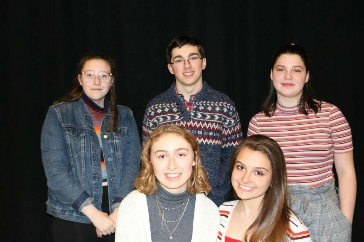 Ridgefield High School students, clockwise from top left: Lucy Basile, Evan Smolin, Lane Murdock, Emily Parker and Ana Kowalczyk will direct An Evening of One-Acts to be performed in the high school’s Black Box Theatre on Jan. 24, 26, 31 and Feb. 1-2. — Tanya Jaeger photo