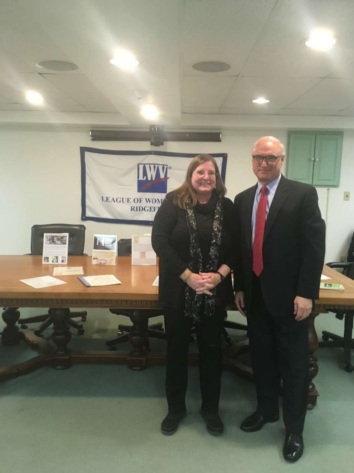 First Selectman Rudy Marconi, right, stands with Marilyn Carroll, president of the League of Women Voters. — Peter Yankowski