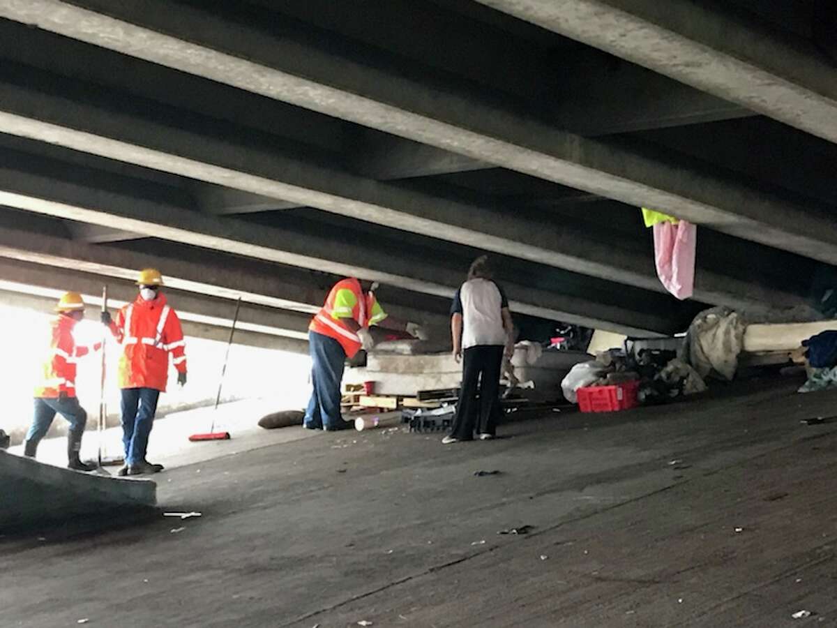 The Harris County Sheriff's Office partnered with the Texas Department of Transportation to clear a homeless camp under the I-10 overpass on Sheldon Road. This is what it looked like before and after the cleanup.