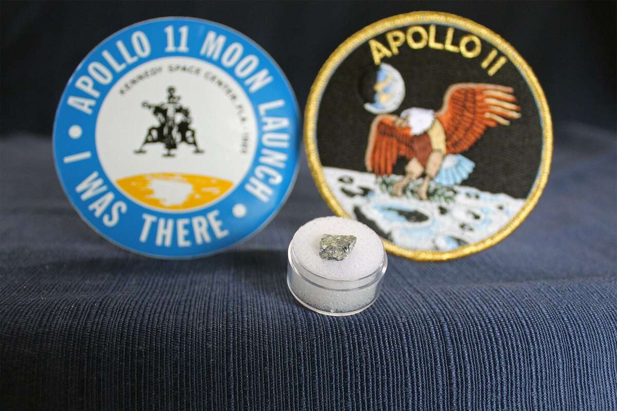 This tiny piece of the moon — a lunar meteorite — will be among the items displayed in July and August as The Maritime Aquarium at Norwalk celebrates the IMAX movie “Apollo 11: First Steps Edition” and the 50th anniversary of the first mission to the moon. Other items will include newspapers from the day, buttons, patches, rocket models, a book signed by astronaut “Buzz” Aldrin, collectibles and NASA documents.