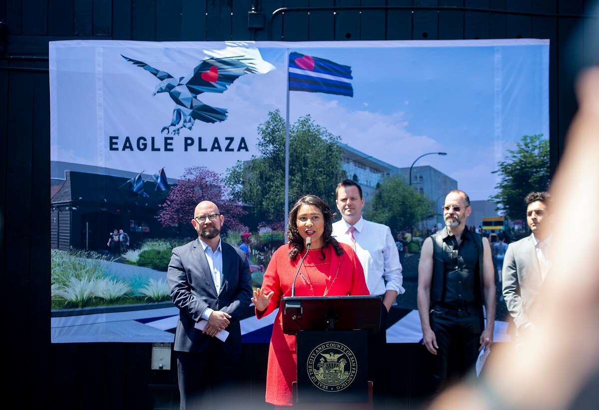 Mayor London Breed joins the SF Parks Alliance and BUILD for the groundbreaking of the world?•s first public plaza dedicated to the living commemoration of Leather Heritage at the SF Eagle Bar in San Francisco on Tuesday, June 18, 2019.