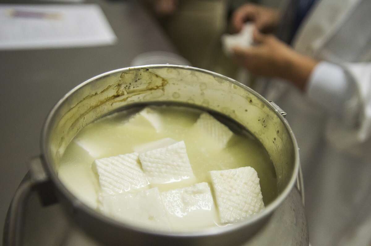 Fresh feta cheese is held in a container at Grazy Valley, a local goat cheese company, on Tuesday, June 18, 2019. (Katy Kildee/kkildee@mdn.net)