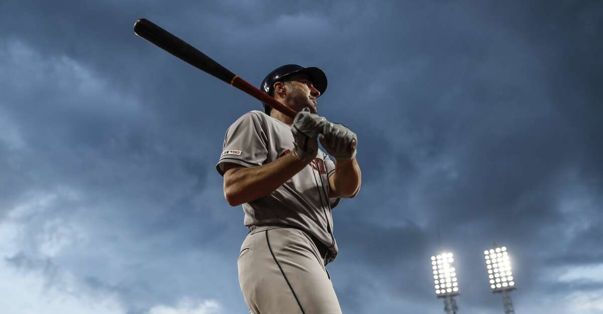 Houston Astros' Justin Verlander steps up to bat during the sixth inning of the team's baseball game against the Cincinnati Reds, Tuesday, June 18, 2019, in Cincinnati. (AP Photo/John Minchillo)