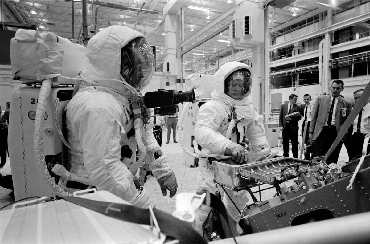 Astronauts Neil Armstrong and Buzz Aldrin train for the Apollo 11 trip to the moon on April 15, 1969.
