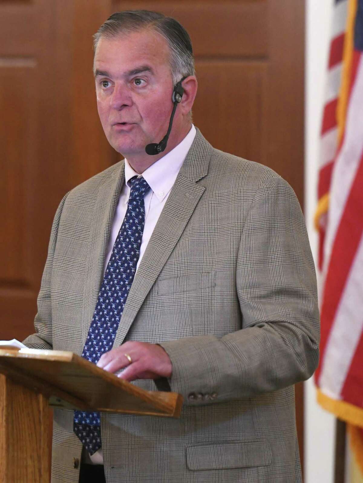 State Rep. Steve Meskers, D-Greenwich, seen here speaking earlier this month before the Retired Men’s Association, is resisting calls from local Republicans to resign after an angry email exchange.