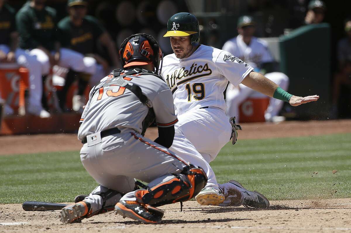 Oakland Athletics' Josh Phegley, right, slides into home to score against Baltimore Orioles catcher Chance Sisco during the seventh inning of a baseball game in Oakland, Calif., Wednesday, June 19, 2019. (AP Photo/Jeff Chiu)