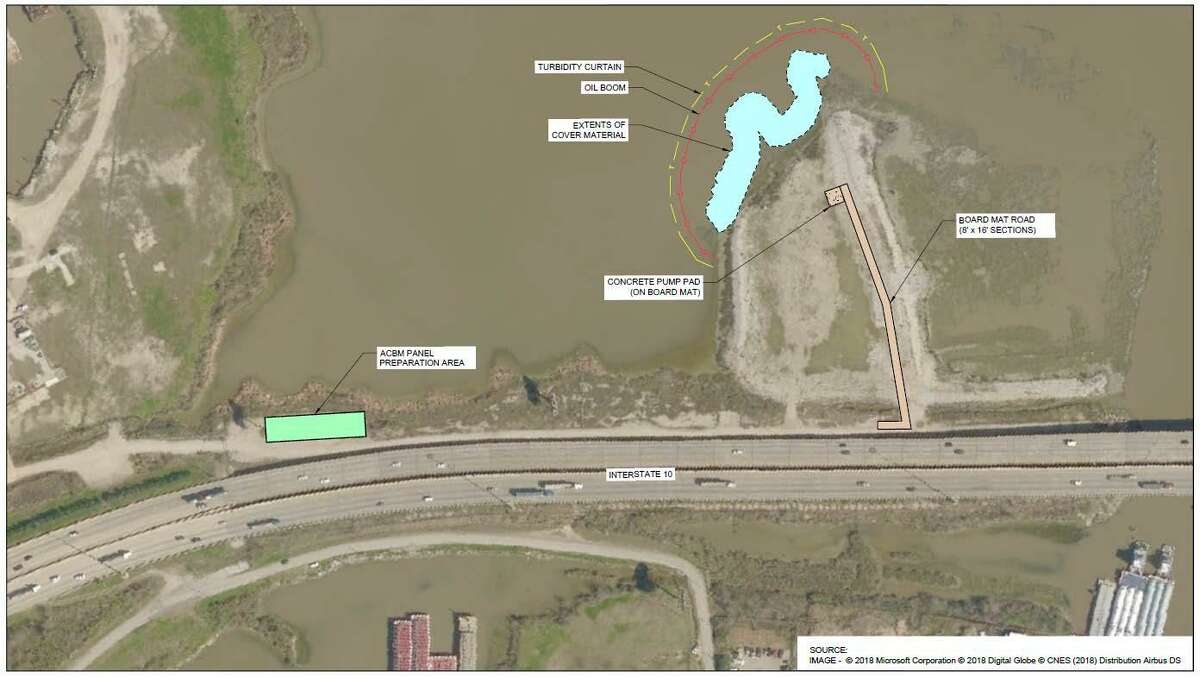 An articulated concrete block mat is being installed in the area shown in blue. It will extend from the surface of the capped area to the floor of the San Jacinto River. About 4,100 square yards of the material will be installed over the existing cap on a steep slope in the northwest area of the northern impoundment.