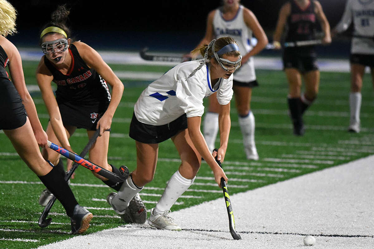 Darien's Shea van den Broek, shown in action against New Canaan on Nov. 7, scored twice in the Wave's 4-0 win over Hall in the Class L quarterfinals. — Dave Stewart photo