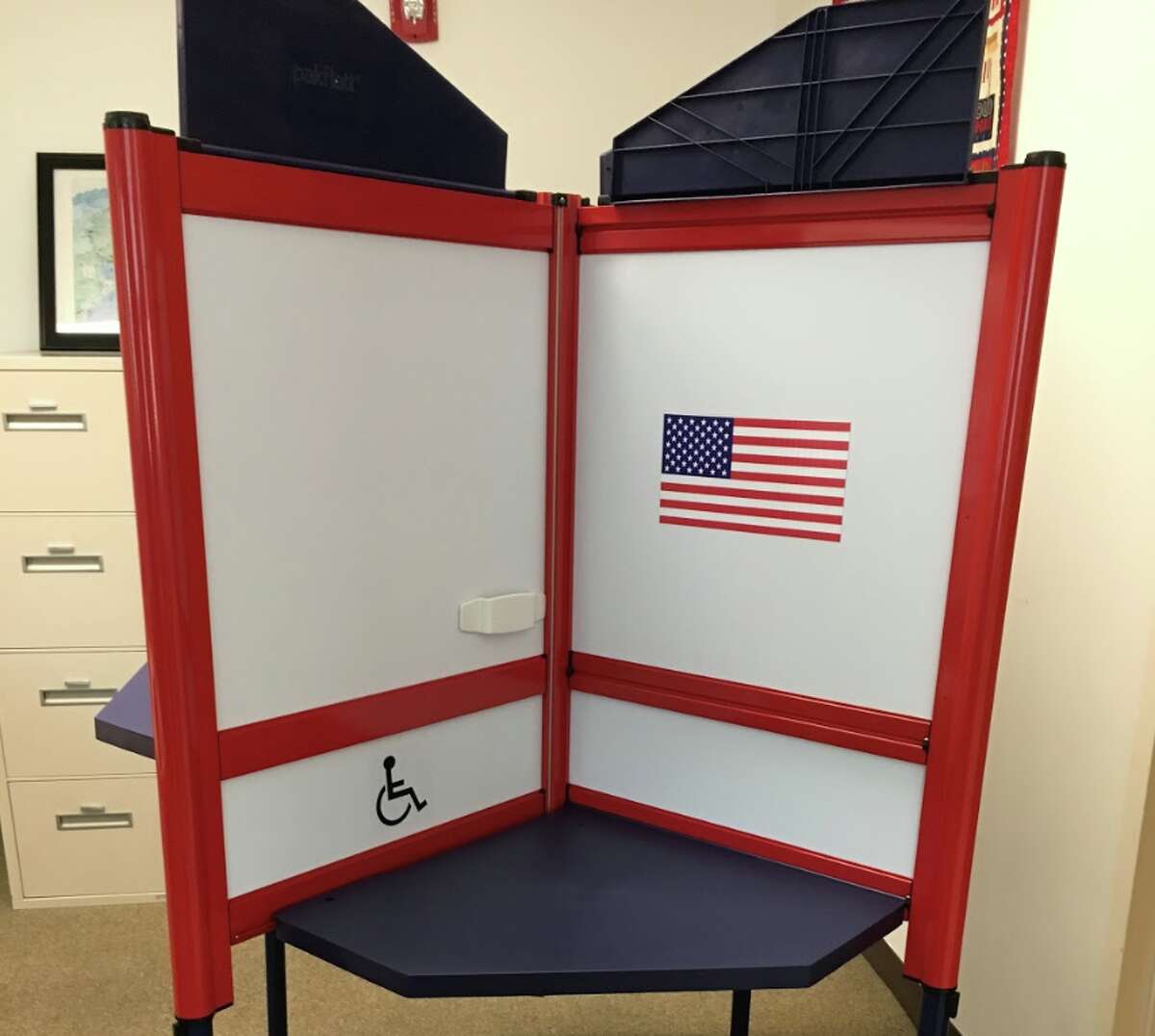 Darien's new voting booths. - Greg Marku photo
