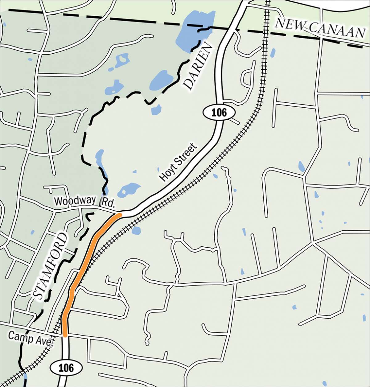 The area highlighted in orange is the closure scheduled on Saturday from 7:30 a.m. until midnight - Darien Police advise patience and avoiding the area if possible.
