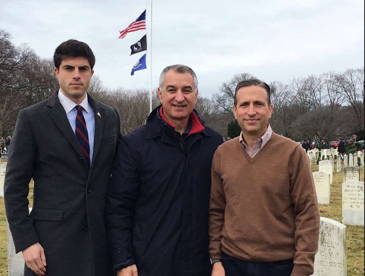 State Rep. Matt Blumenthal, Sen. Carlo Leone, and Sen. Bob Duff at Darien's Wreaths Across America ceremony in December. (Courtesy Sen. Carlo Leone's Twitter feed)