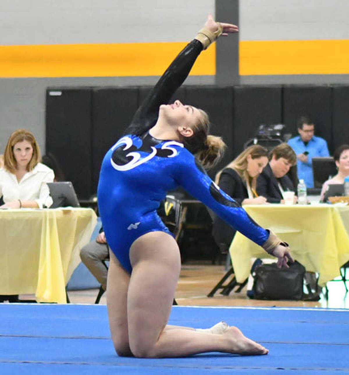 Nicole Carlo of the Darien Blue Wave competes in the floor exercise during the CIAC Class M Gymnastics Championships on Saturday February 23, 2019 at Jonathan Law High School in Milford, Connecticut. — Greg Vasil/For Hearst Connecticut Media
