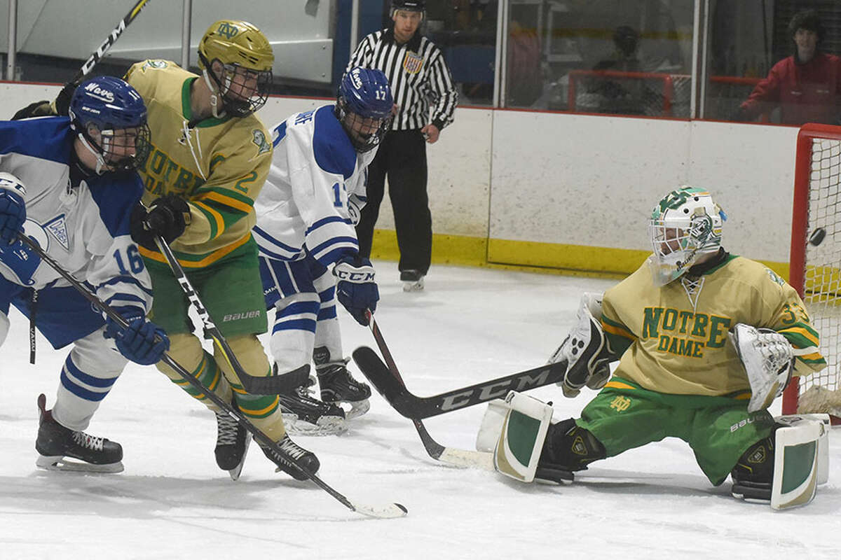 Darien's Sean Bradley (16) tips the puck past Notre Dame-West Haven goalie Conner Smith during a boys ice hockey game at the Darien Ice House on Thursday, Feb. 21. - Dave Stewart/Hearst Connecticut Media photo