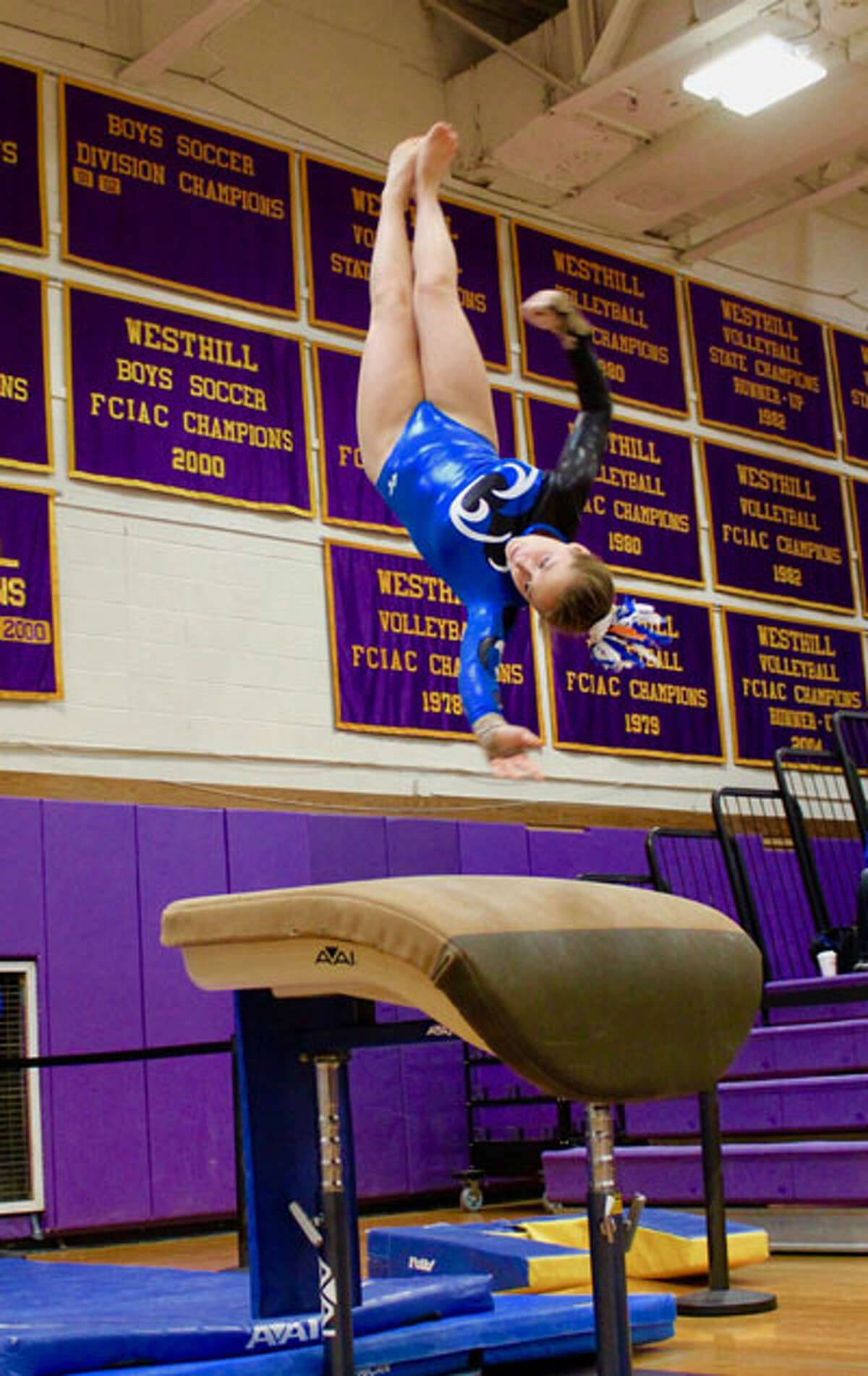 Darien junior gymnast Lana Schmidt soared on vault at the 2019 FCIAC championship meet on Saturday, scoring 8.75 for fifth place and earn a place on the All-FCIAC First Team. — Lily Fairleigh/Contributed photo