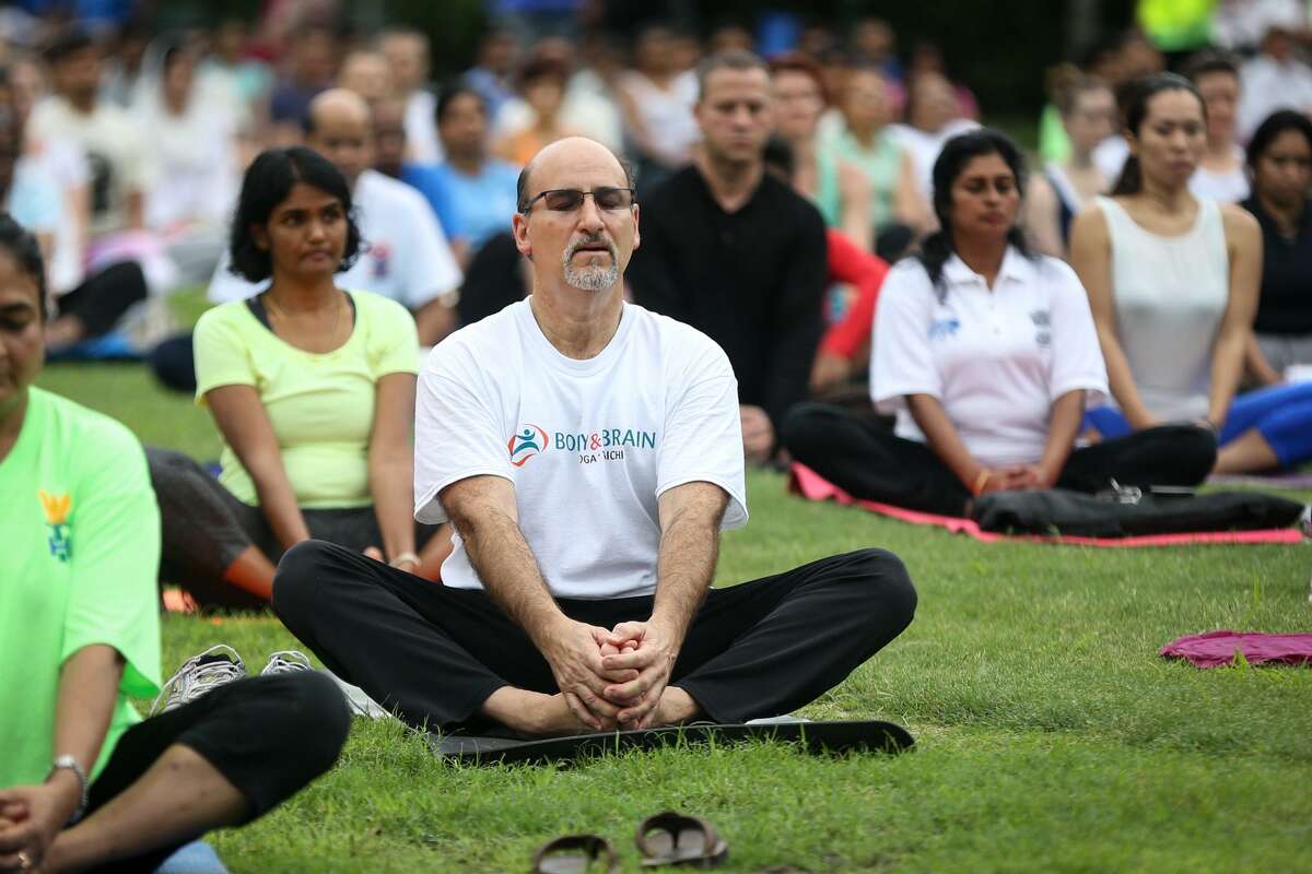 Attendees of the International Yoga Day celebration, hosted by The Hindu Temple of The Woodlands, take part in meditation and yoga on Saturday, June 24, 2017, at Town Green Park.